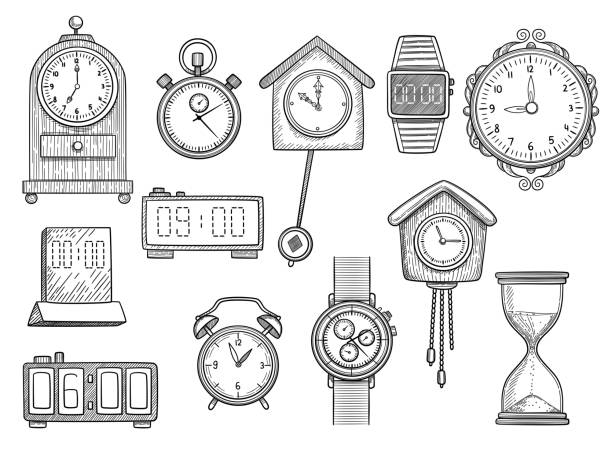 ilustraciones, imágenes clip art, dibujos animados e iconos de stock de relojes de garabato. reloj temporizador de dibujos vectoriales de alarma ilustraciones conjunto - sand clock illustrations