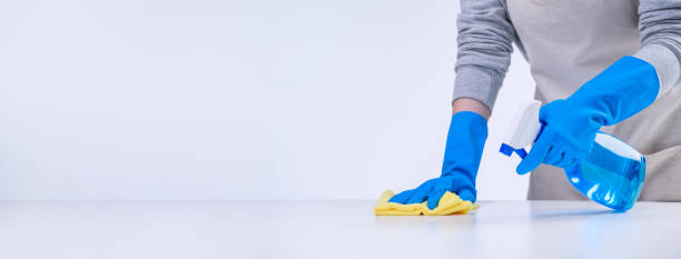 ung kvinna hushållerska gör rengöring vitt bord i förkläde med blå handskar, spray renare, våt gul trasa. - cleaning surface bildbanksfoton och bilder