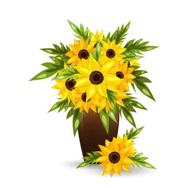 Vector illustration of Summer floral of beautiful sunflower flowers with leaves in a pot on white background. Vector illustration.