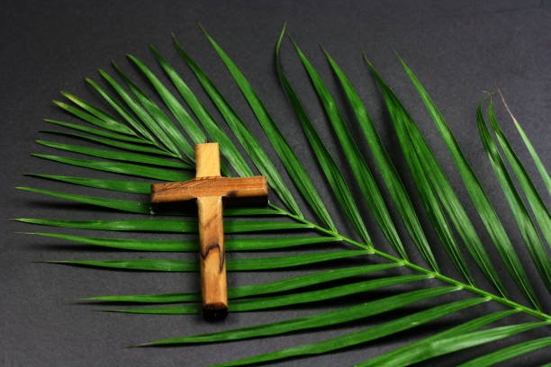 het houten kruis van pasen op zwarte achtergrond , godsdienst palm zondagconcept - green friday stockfoto's en -beelden