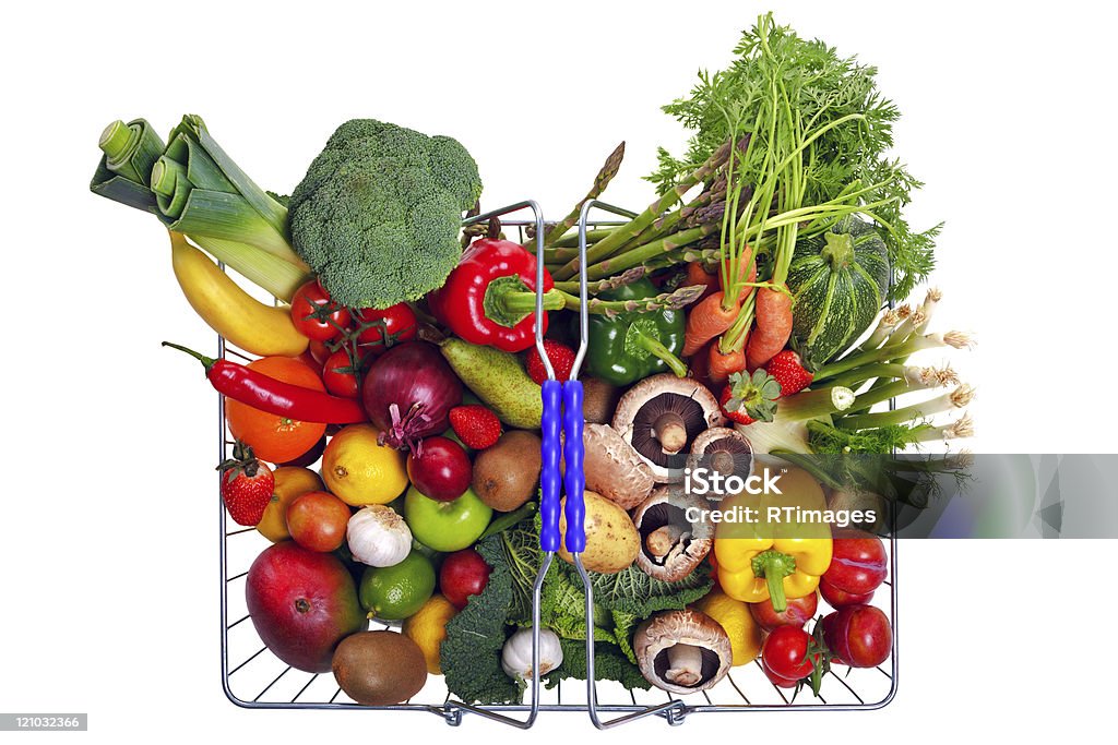 Shopping basket fruit and vegetables isolated on white  Abundance Stock Photo