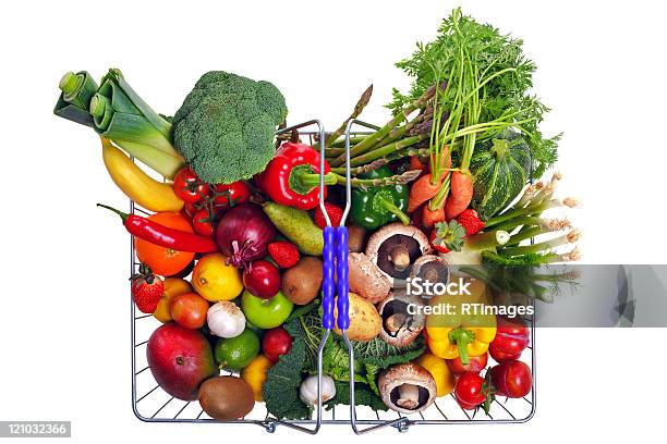 Shopping Basket Fruit And Vegetables Isolated On White Stock Photo - Download Image Now