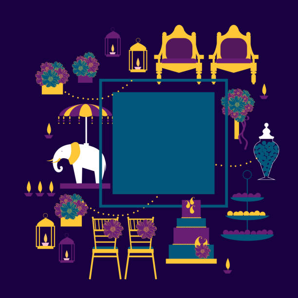 Indian wedding. Vector frame. Indian wedding.Wedding arch with flowers, cake, decoration for chairs, bridal bouquet. Vector frame. banquet chairs stock illustrations