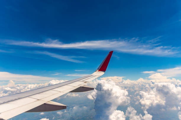 istock Airplane wing with blue sky and cloud for travel concept 1210328200