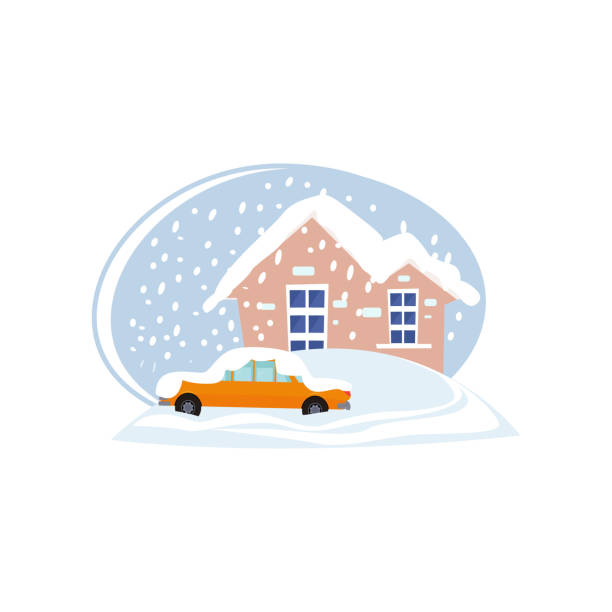 ilustrações de stock, clip art, desenhos animados e ícones de houses and car in snowdrifts isolated on white background - january winter icicle snowing