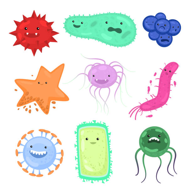 beyaz arka planda izole edilmiş farklı tip, renk ve şekillerde ayarlanan mikroorganizmaların çeşitliliği - mikroorganizma stock illustrations