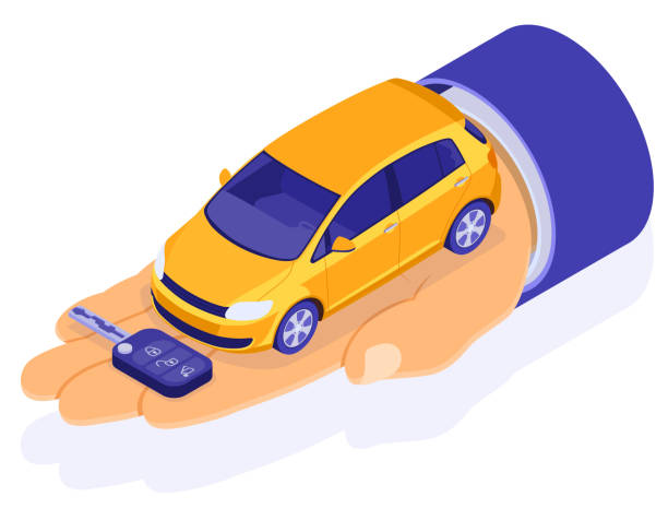 Sale Purchase Rental Sharing Car Isometric Sale, purchase, rent car isometric concept for landing, advertising with hands dealer hold car and key. Auto rental, carpool, carsharing for city trips. isolated vector illustration car key illustrations stock illustrations