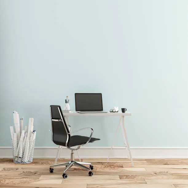 Workdesk with decoration on hardwood floor in front of empty light blue wall with copy space. 3D rendered image.
