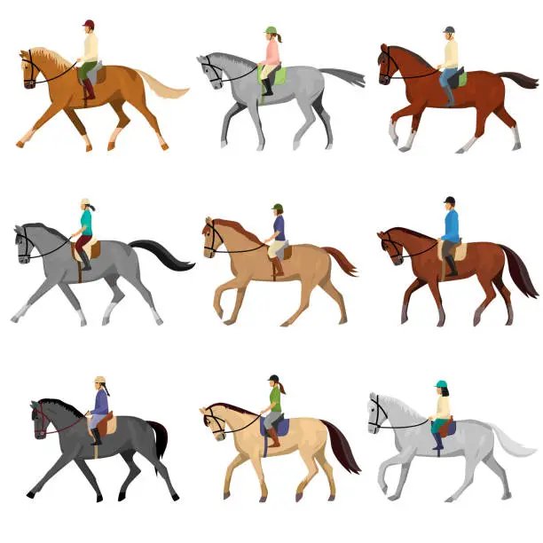 Vector illustration of Man and woman riding horse isolated against white background