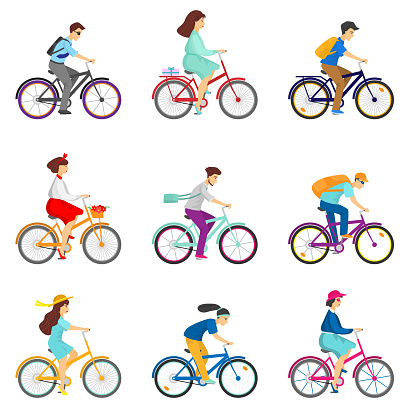 Flat set of icons with bicycle riders isolated on white background. Group of adult male and female cyclists in bicycle race. Use of bicycle as means of transportation concept.