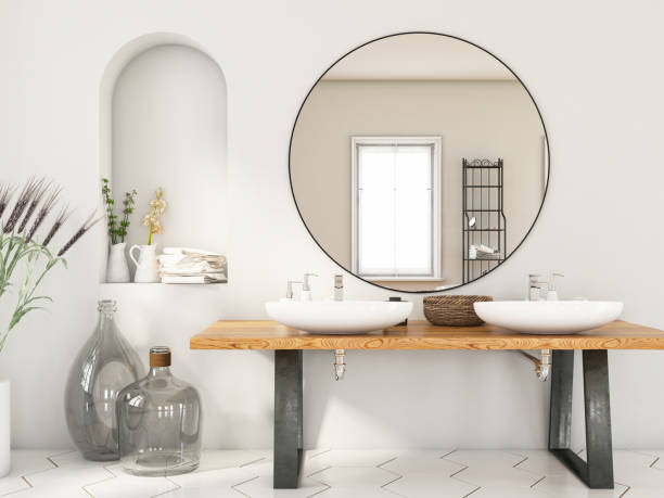 bagno moderno con due lavandini e specchio - bathroom bathtub contemporary tile foto e immagini stock