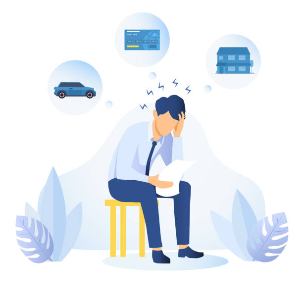 Man with financial and debt problems Man with financial and debt problems sitting on a stool with paperwork with his head on his hand surrounded by icons depicting his assets, colored vector illustration financial loan illustrations stock illustrations