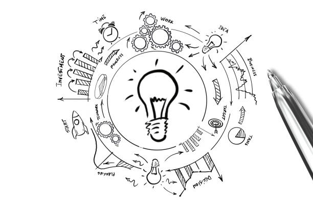 new creative idea light bulb - schematic drawing imagens e fotografias de stock