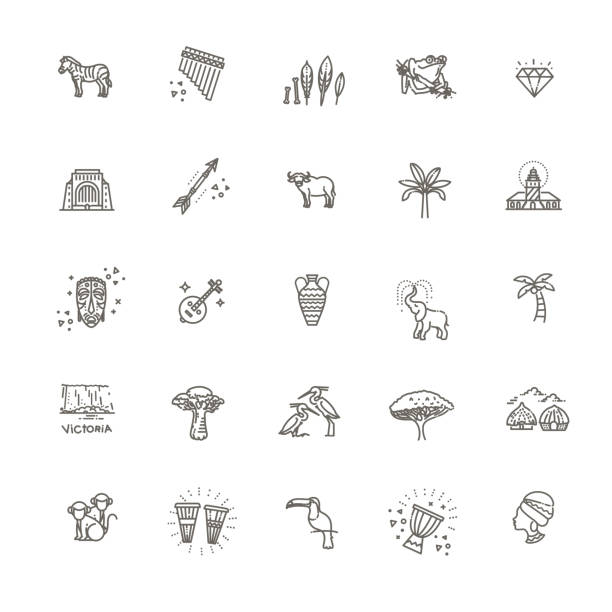 Africa jungle ethnic culture travel icons set outline isolated vector illustration vector Africa icon set victoria falls stock illustrations