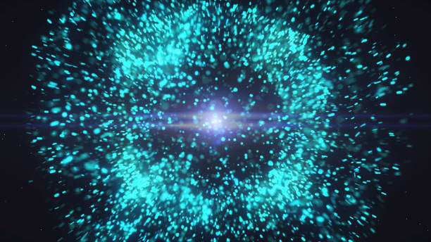 partículas futuristas explosión cósmica onda choque azul energía espacio 3d renderizado - impact exploding wave pattern shock fotografías e imágenes de stock