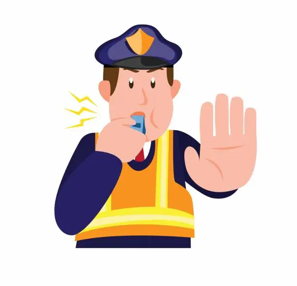 Vector illustration of police patrol blowing whistle and asking someone to stop in cartoon flat illustration vector isolated in white background