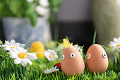 Happy Easter eggs in the kitchen among the spring grass with flowers, Easter egg hunt, egg characters with funny faces, Happy Easter concept, kitchen in the background, Easter theme, background, postcard, sreen, greeting card