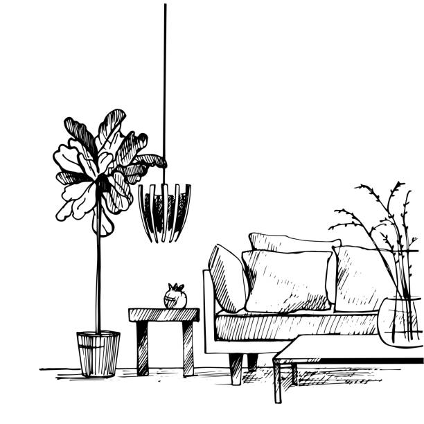 Interior of living room. Vector sketch  illustration. Interior of living room. Vector sketch  illustration. sofa illustrations stock illustrations