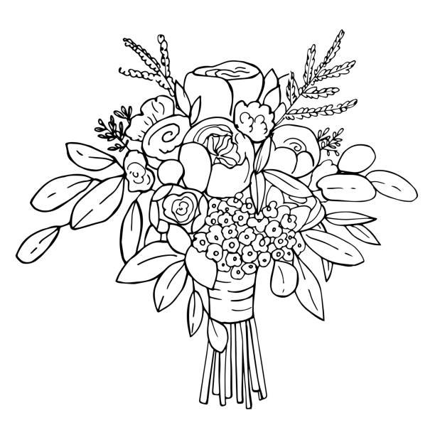 illustrations, cliparts, dessins animés et icônes de bouquet de mariée. illustration de croquis de vecteur. - bouquet fleurs