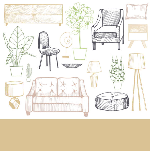 가정용 가구, 램프 및 식물. 벡터 그림입니다. - symbol home interior furniture pillow stock illustrations