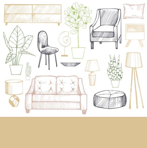 Furniture, lamps and plants for the home. Vector  illustration. Furniture, lamps and plants for the home. Vector sketch  illustration. furniture illustrations stock illustrations