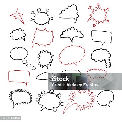 istock Set of doodle style speech bubbles drawn by hand. Sketch, scribble. Simple vector illustration. 1210343358