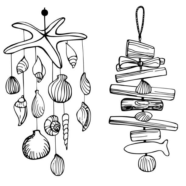 Seashell Mobile. Vector illustration. Seashell Mobile. Vector sketch illustration. hanging seashells stock illustrations