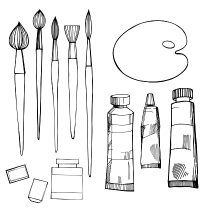 Artistic paintbrushes and paints. Vector sketch  illustration.