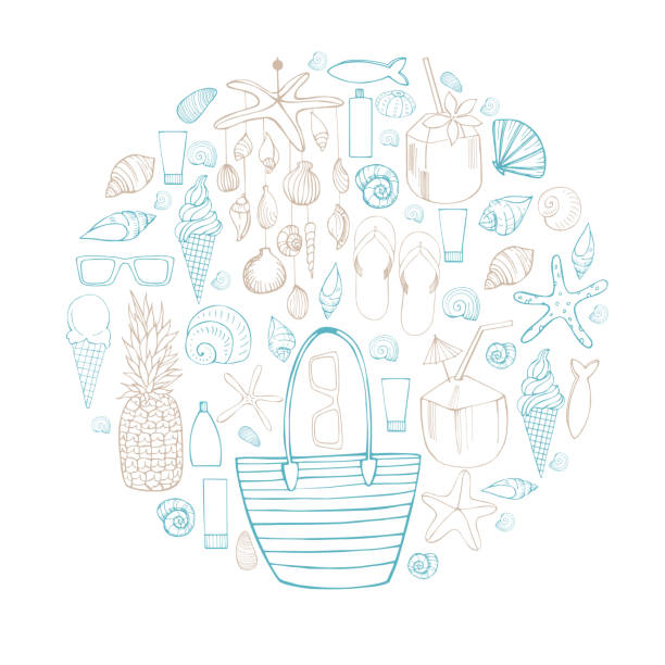 ilustrações de stock, clip art, desenhos animados e ícones de summer vacation. beach bag, seashell mobile, shells. vector illustration. - drink umbrella illustrations