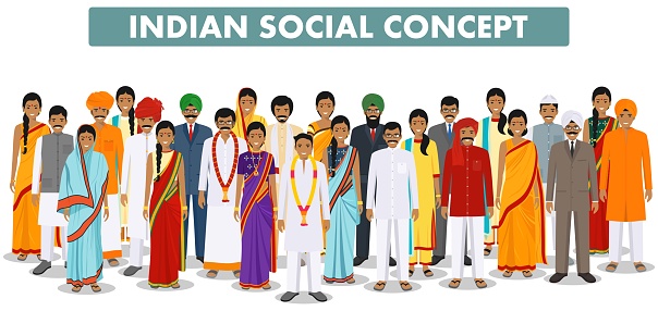 Indian man and woman standing together in different traditional clothes on white background in flat style. Different dress styles. Flat design people characters. Family and social concept.