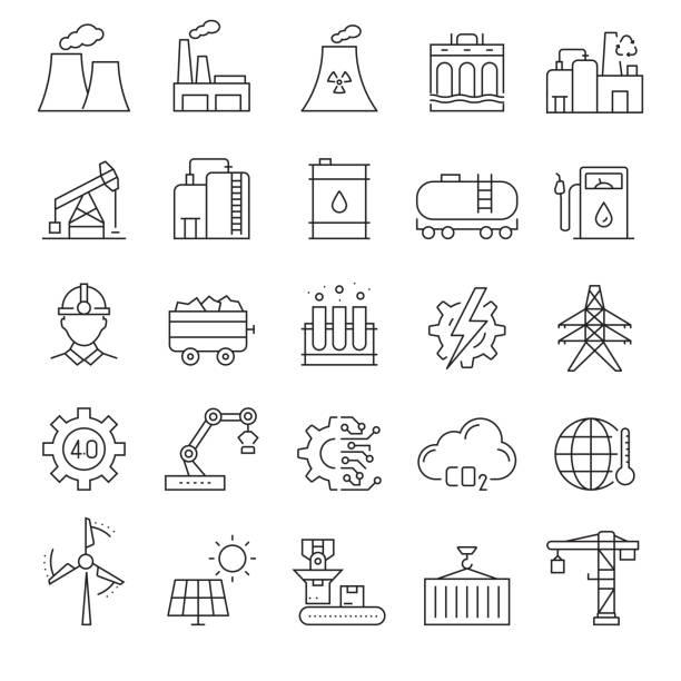 ilustraciones, imágenes clip art, dibujos animados e iconos de stock de conjunto de iconos de líneas relacionadas con la industria pesada y eléctrica. trazo editable. iconos de contorno simples. - single line metal industry construction