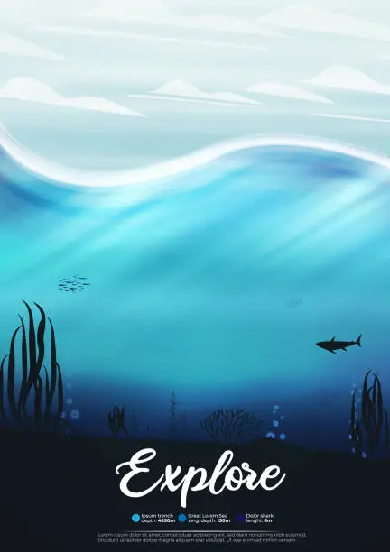 Vector illustration of Underwater ocean scene background of reefs.