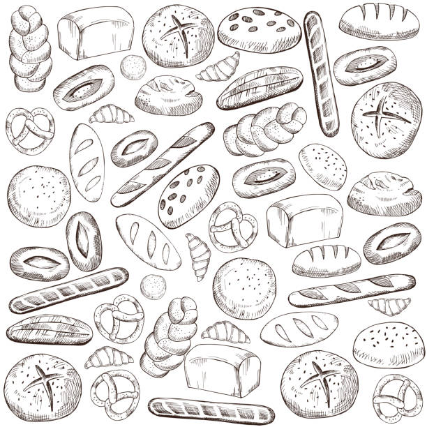 ilustraciones, imágenes clip art, dibujos animados e iconos de stock de fondo vectorial con pan. - pastelería