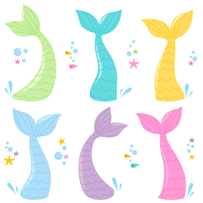 Cute colorful mermaid tails and sea animals collection. Vector illustration