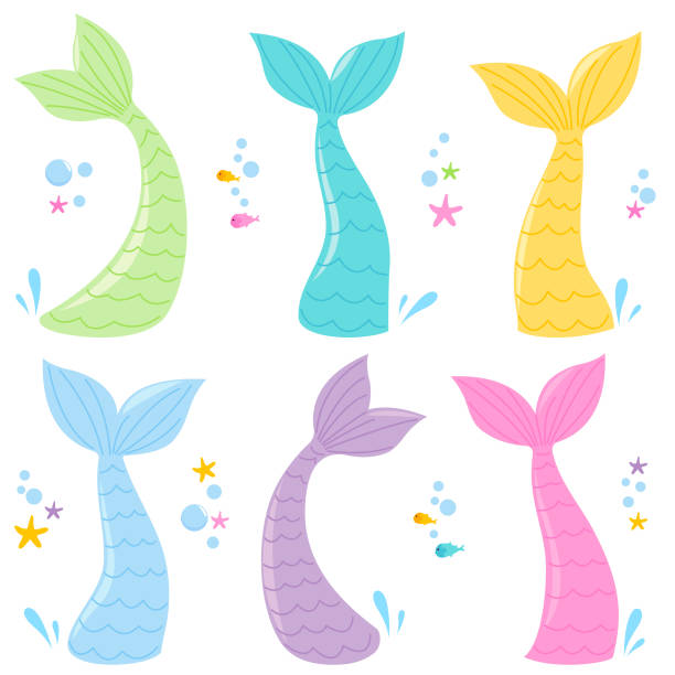 Mermaid tails collection. Vector illustration Cute colorful mermaid tails and sea animals collection. Vector illustration tail fin stock illustrations