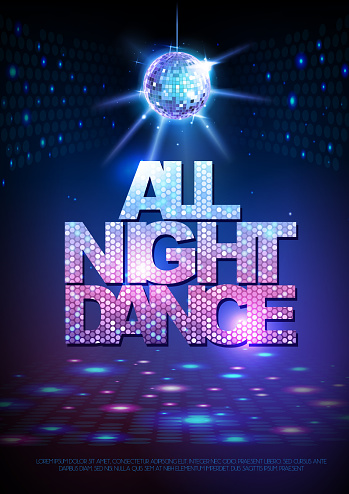 Disco ball background. Disco poster all night dance. Neon