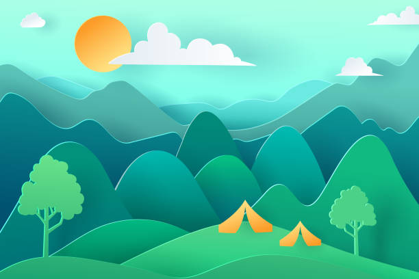 istock Paper art and landscape, digital craft style for summer camping background with forest. 1210361064