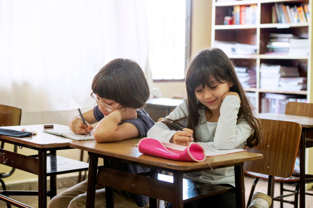 Concentrated and fun on your first day of school stock photo