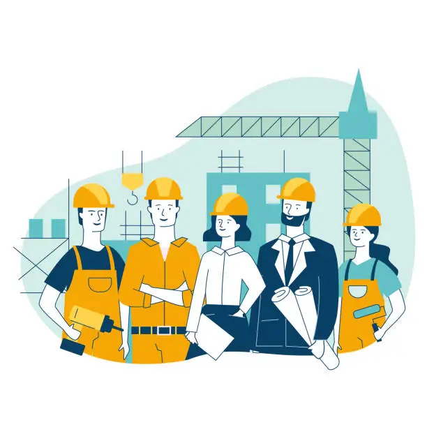 Vector illustration of Engineering and construction workers standing together