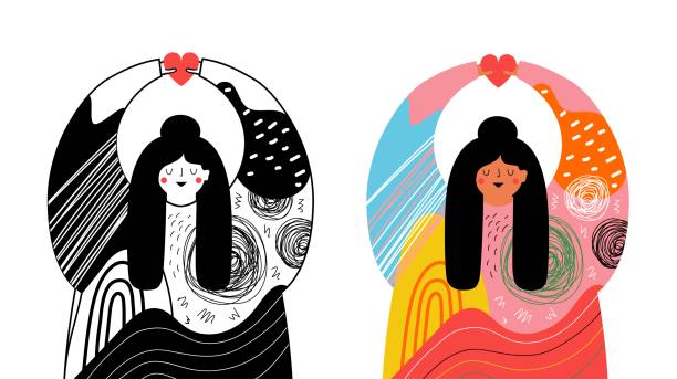 stockillustraties, clipart, cartoons en iconen met de illustratiedie van de vector die met gekleurd en monochroom groot meisje in abstracte trui van doodleelementen met hart in handen wordt geplaatst. - self love