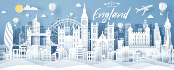 Vector illustration of Paper cut of England landmark, travel and tourism concept.