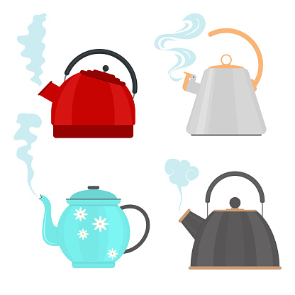 Cartoon Color Different Teapot or Teakettle Icon Set for Hot Beverage. Vector illustration of Kettle Icons