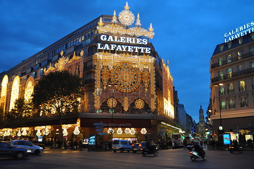 Paris, France - November, 05, 2009: night view of Lafayette Galeries in christmas time, Paris, France