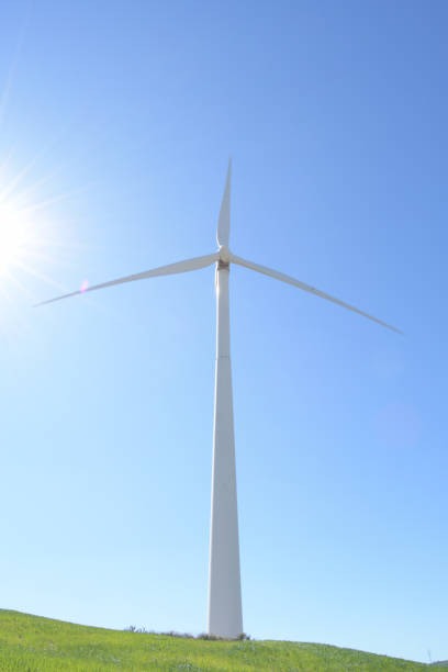 太陽が輝き、青空を輝かせる晴れた日の再生可能エネルギーの風力タービン - eolo ストックフォトと画像