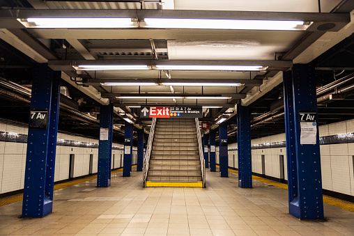 Nobody in the 7th Avenue (Seventh Avenue) subway station of New York City, USA