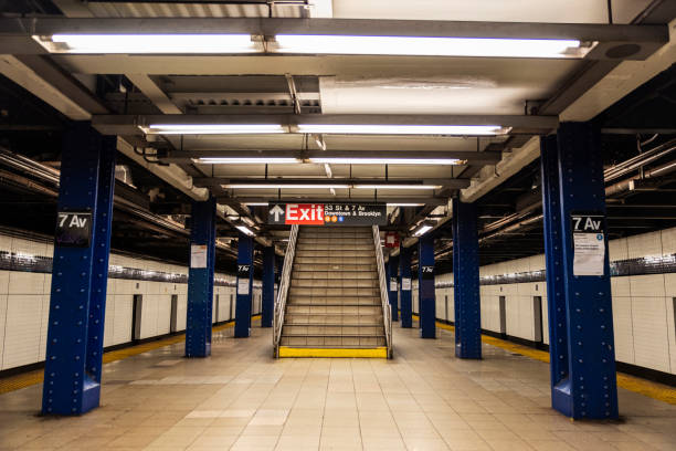 Empty subway station in New York City, USA Nobody in the 7th Avenue (Seventh Avenue) subway station of New York City, USA subway platform stock pictures, royalty-free photos & images