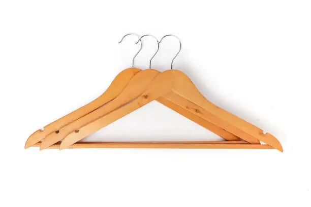 Three wooden hanger isolated on a white Background. Top view