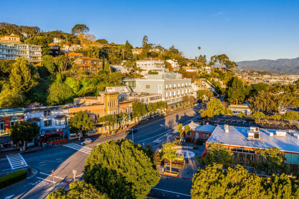 Aerial View of Downtown Sausalito on a Golden morning An aerial view of Sausalito on a golden morning. The sun is shining on the hillside and a clear view of downtown. marin county stock pictures, royalty-free photos & images
