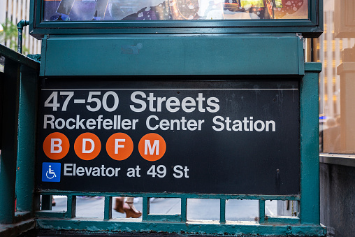 Sign of the Rockefeller Center subway station in Manhattan, New York City, USA