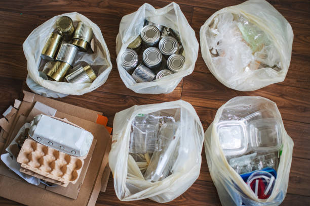 Father and son sorting waste at home Father and son sorting waste at home recyclable materials stock pictures, royalty-free photos & images